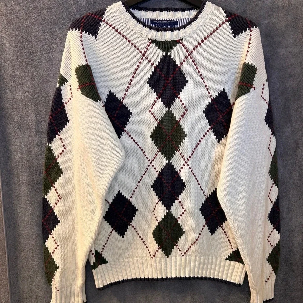 VTG Tommy Hilfiger Men's XL Argyle Heavy Knit Sweater Ivory Green Navy Cotton
